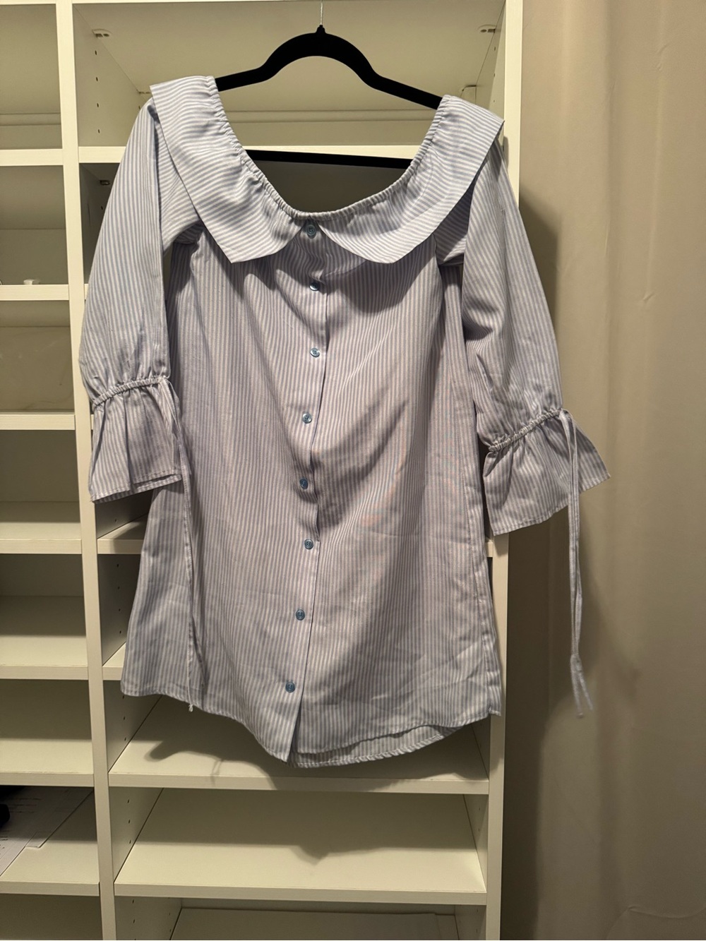 Light Blue Off-shoulder Striped Women's Button-Front Shirt Dress